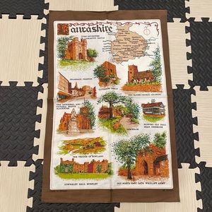 Vintage Cotton Kitchen Tea Towel Lancashire England Map Landmarks